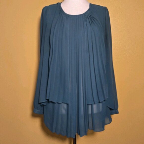 LOVE 21 Emerald Green Blouse Long Sleeve Sheer Tunic Pleated Large Layered Cardi - Picture 6 of 12